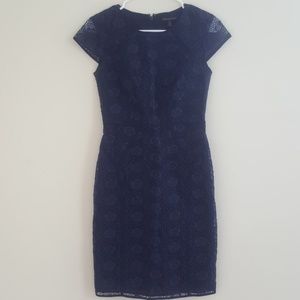 Navy lace overlay midi sheath dress